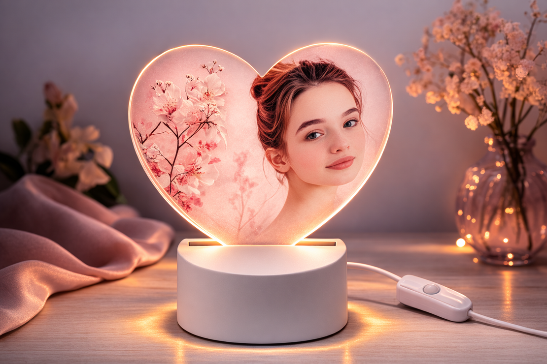 מנורת לילה צורת לב אקרילית עם תמונה אישית | מנורת LED עם הדפסה