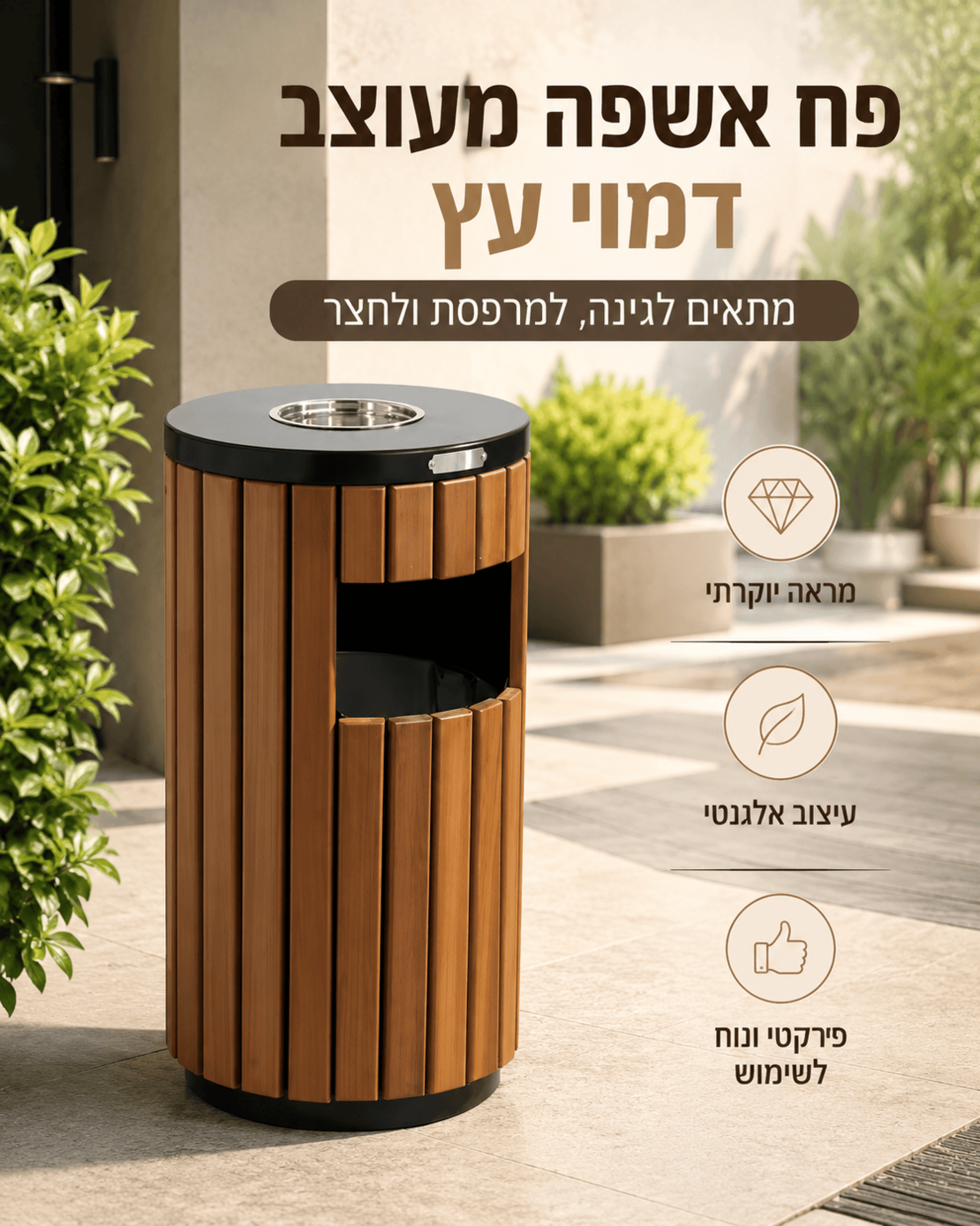 פח אשפה מעוצב דמוי עץ לגינה ולמרפסת – פח חוץ דקורטיב