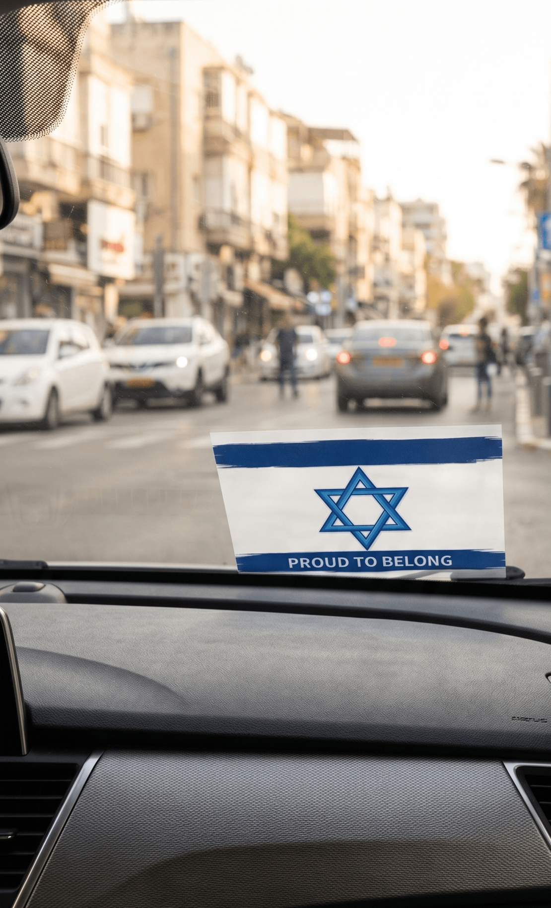 מדבקה פנימית לשמשת הרכב דגל ישראל עם כיתוב PROUD TO BELONG  | מדבקה פנימית 9X6 ס