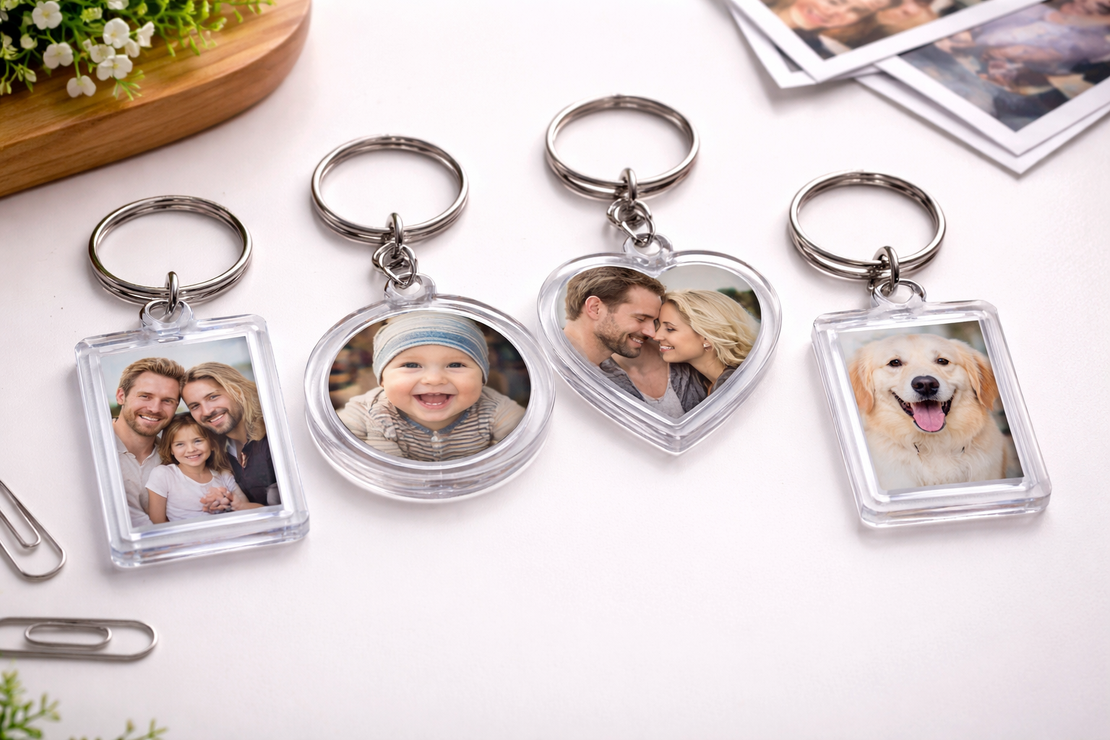 מחזיק מפתחות עם תמונה בהתאמה אישית | דגמים עגול / לב / מלבן