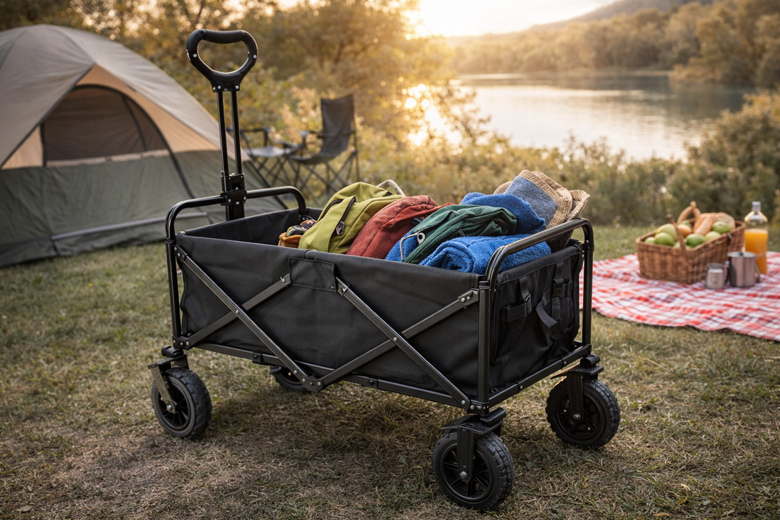 עגלת קמפינג מתקפלת עם ידית משיכה | עגלת נשיאה חזקה לטיולים, קניות וחוף הים | צבע שחור