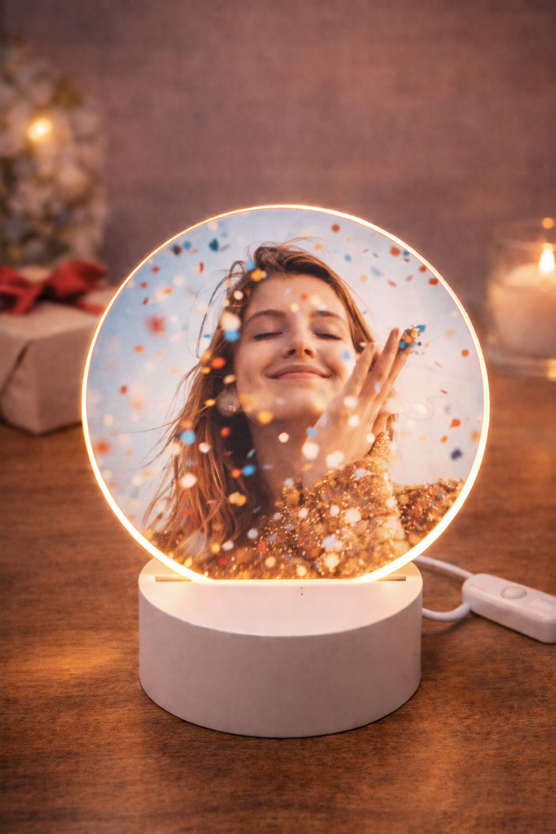 מנורת LED עגולה עם תמונה אישית | מנורת לילה מודפסת בהתאמה אישית