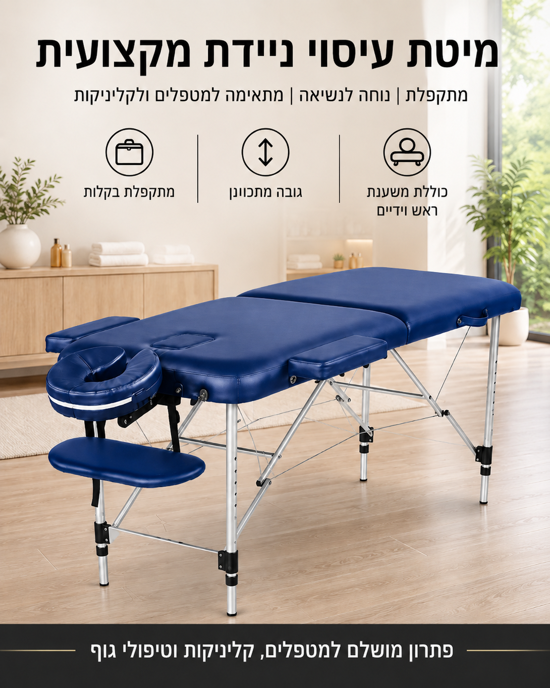 מיטת עיסוי מקצועית מאלומיניום בצבע כחול - מיטה עבה 8 ס