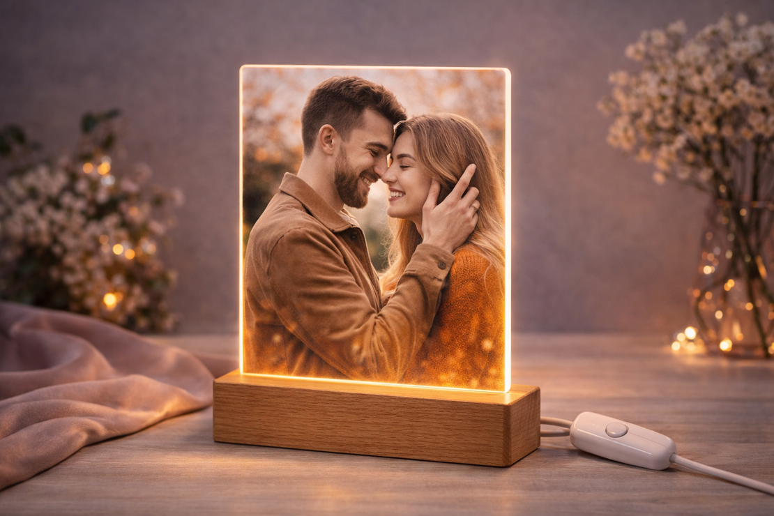 מנורת LED אקרילית עם הדפסה אישית ובסיס עץ | מנורת לילה עם תמונה