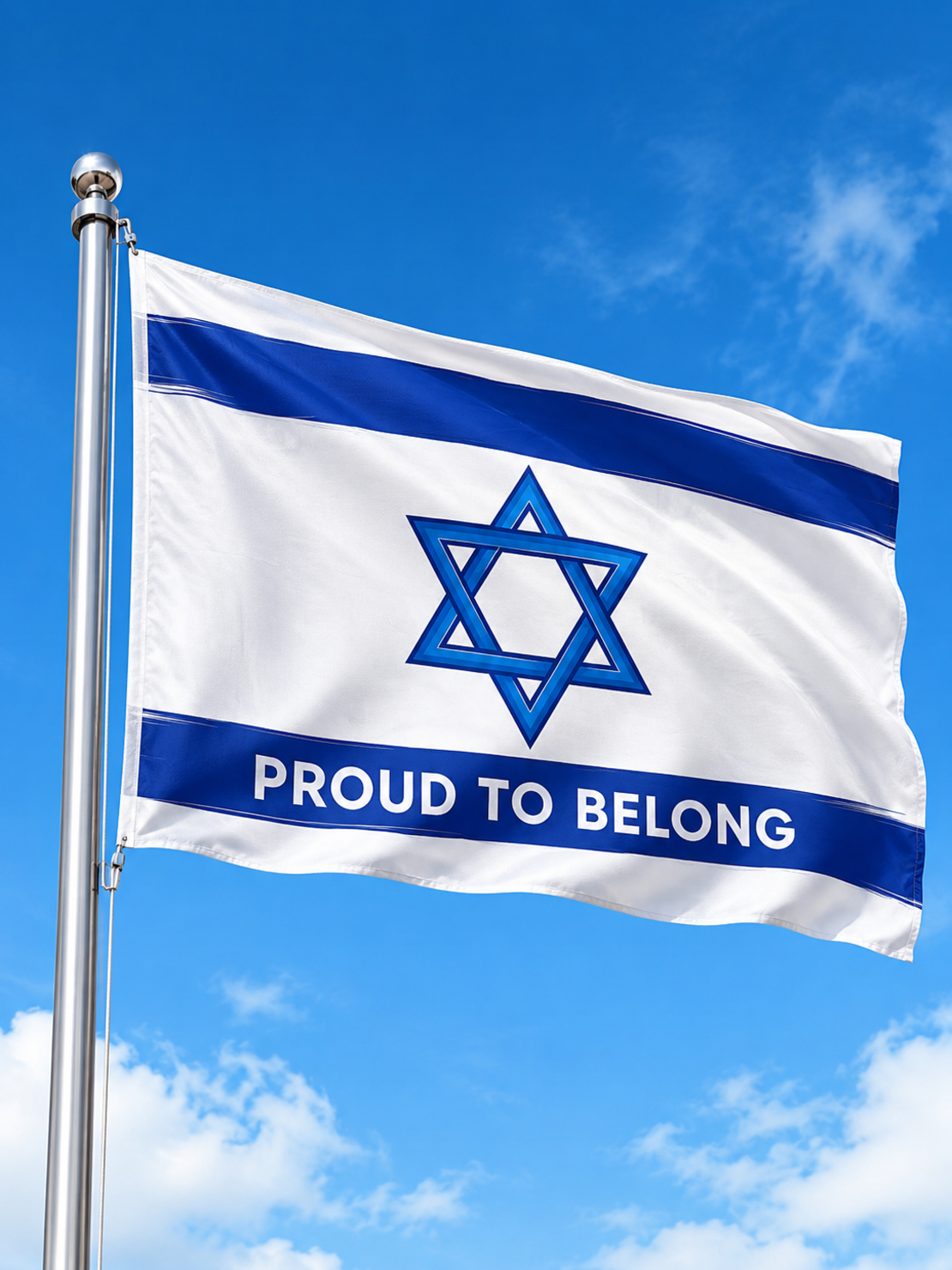 דגל ישראל 80×110 איכותי | דגל ישראל PROUD TO BELONG  לתלייה לבית, ולאירועים עשוי מפוליאסטר