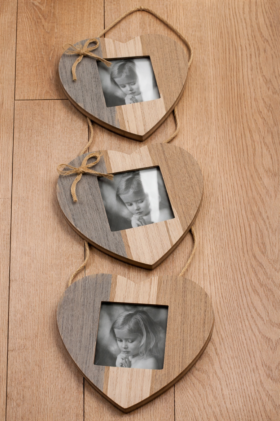 סט 3 מסגרות בצורת לב מעץ לתלייה עיצוב כפרי