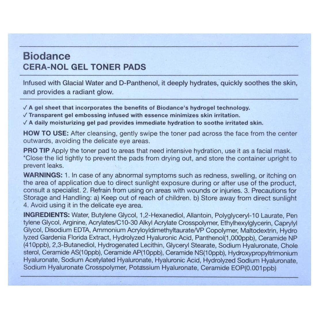 פדים ג'ל לטונר והרגעת העור Biodance Cera-Nol Gel Toner Pads (60 פדים / 140 גרם)