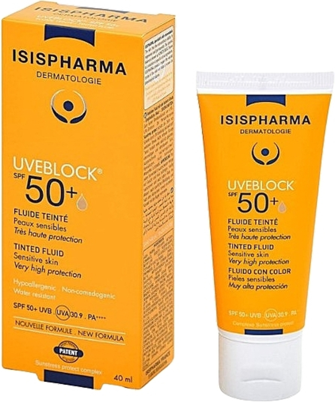 Isispharma Uveblock SPF 50+ Tinted Fluid – תחליב הגנה עם גוון לעור רגיש, הגנה רחבת טווח ועמידות גבוהה (40ml)