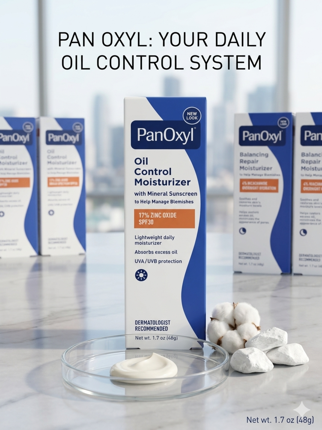PanOxyl Oil Control Moisturizer – קרם לחות לשליטה בשומניות עם הגנה מינרלית (SPF 30) לפנים – 48 גרם
