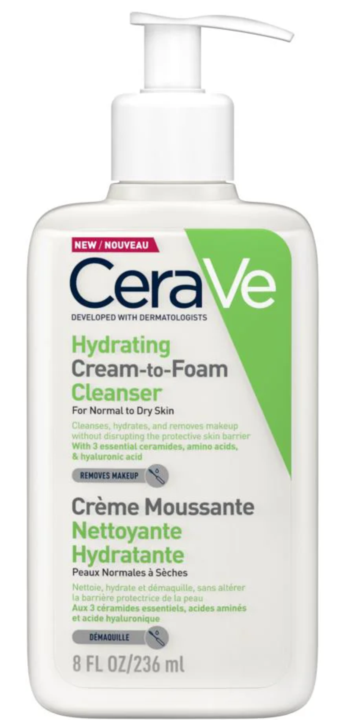 CeraVe Hydrating Cream-to-Foam Cleanser – קרם ניקוי מקציף ומלחח לעור רגיל עד יבש, לניקוי יסודי והסרת איפור (236ml)