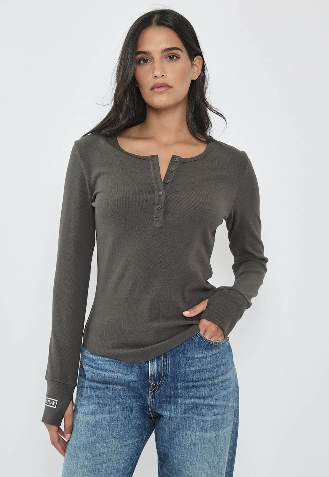 REPLAY - חולצת ריב ארוכה בצבע אפור