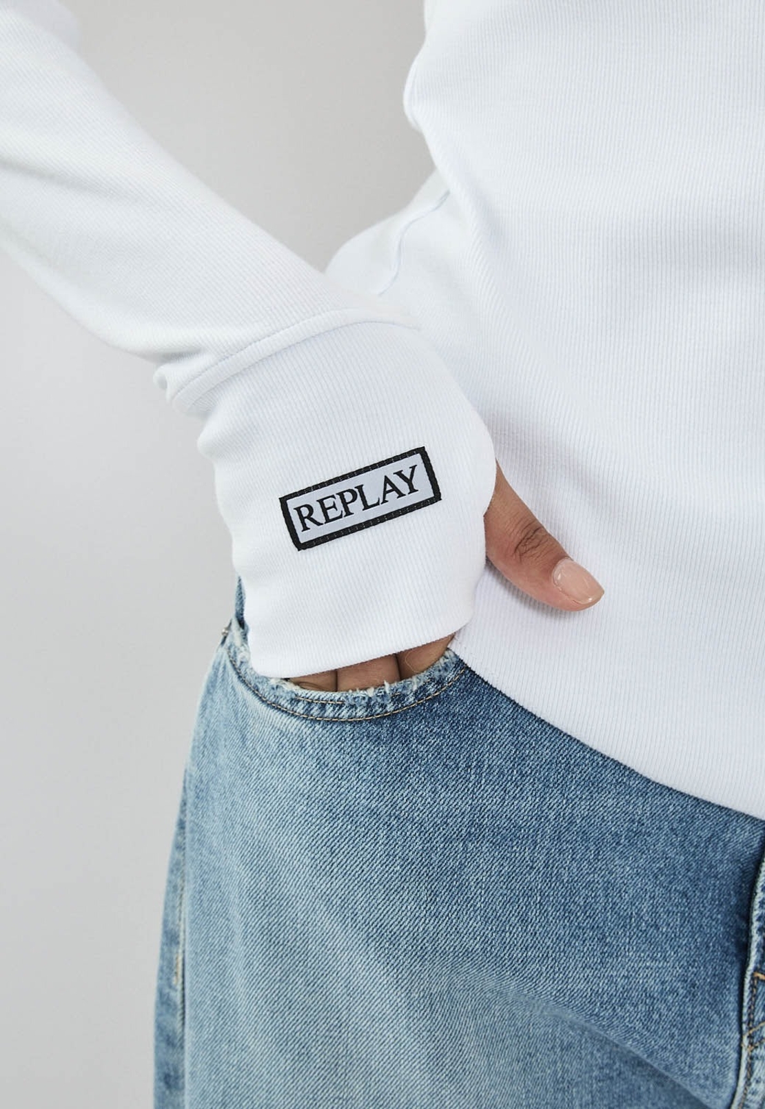 REPLAY - חולצת ריב ארוכה בצבע לבן