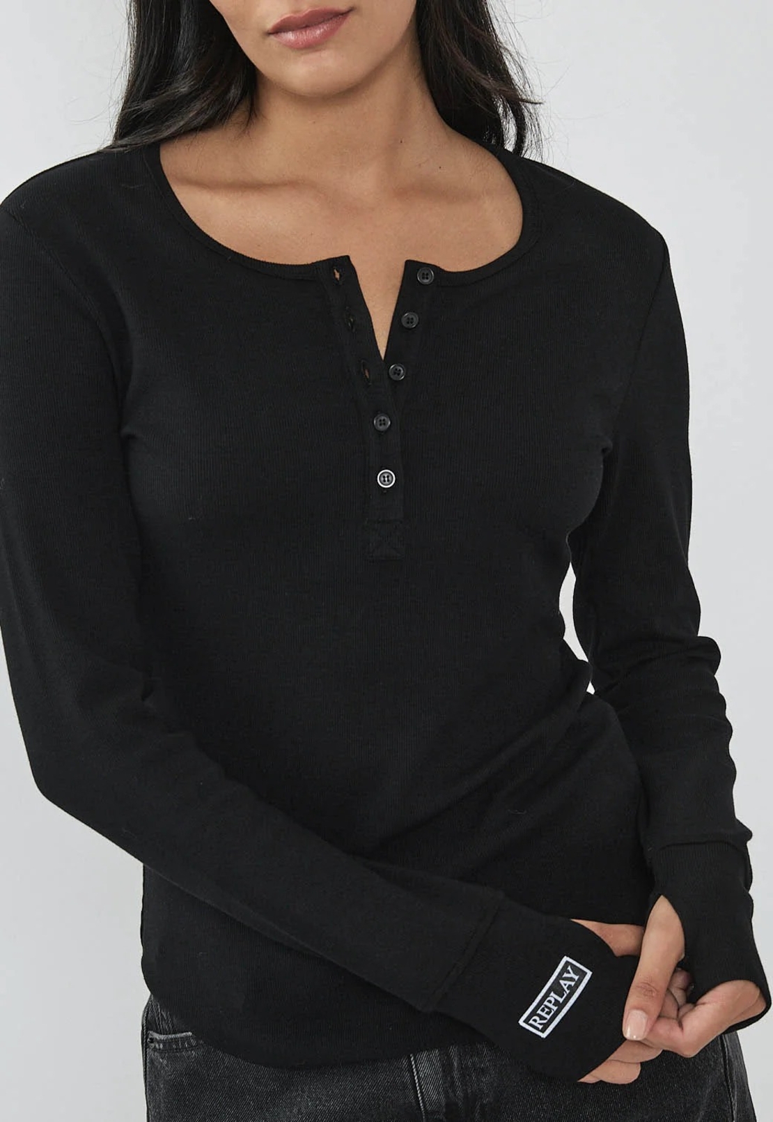 REPLAY - חולצת ריב ארוכה בצבע שחור