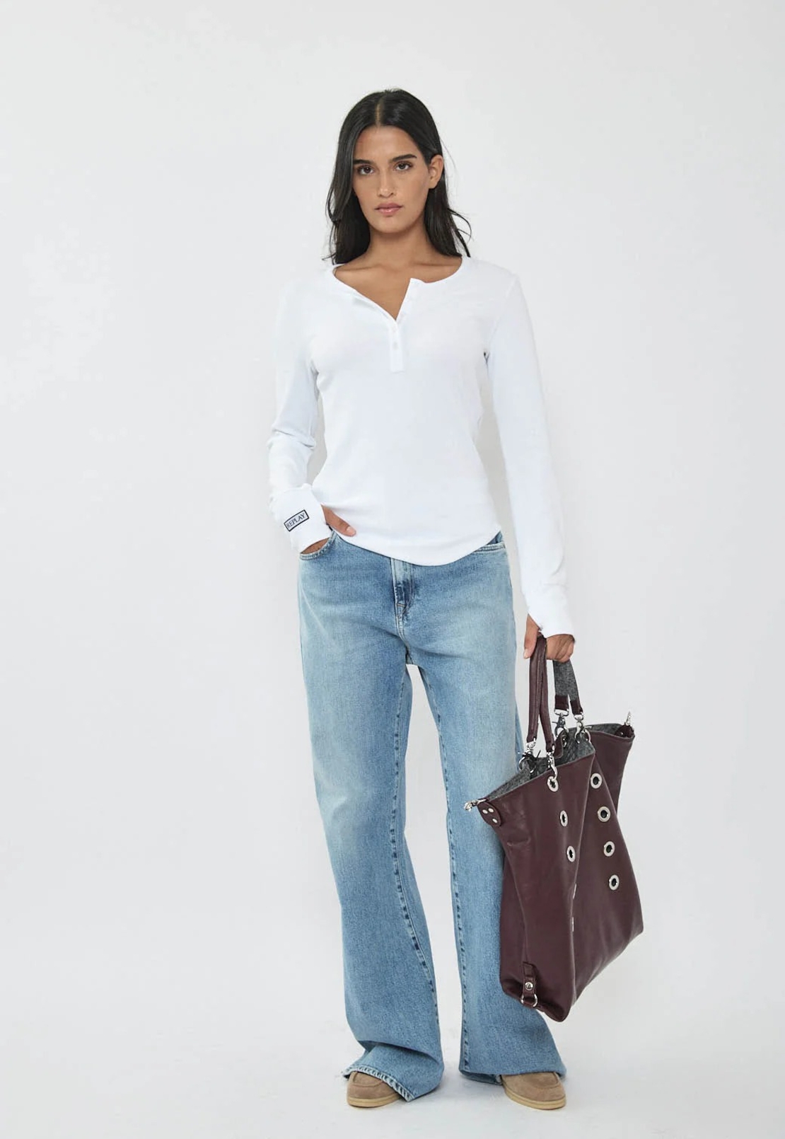 REPLAY - חולצת ריב ארוכה בצבע לבן