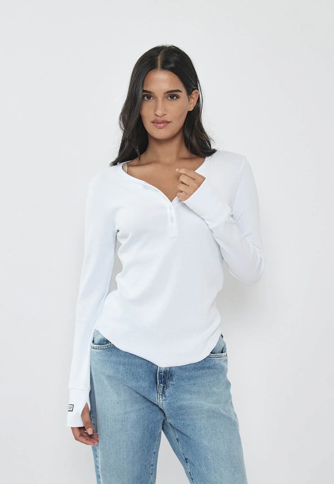 REPLAY - חולצת ריב ארוכה בצבע לבן