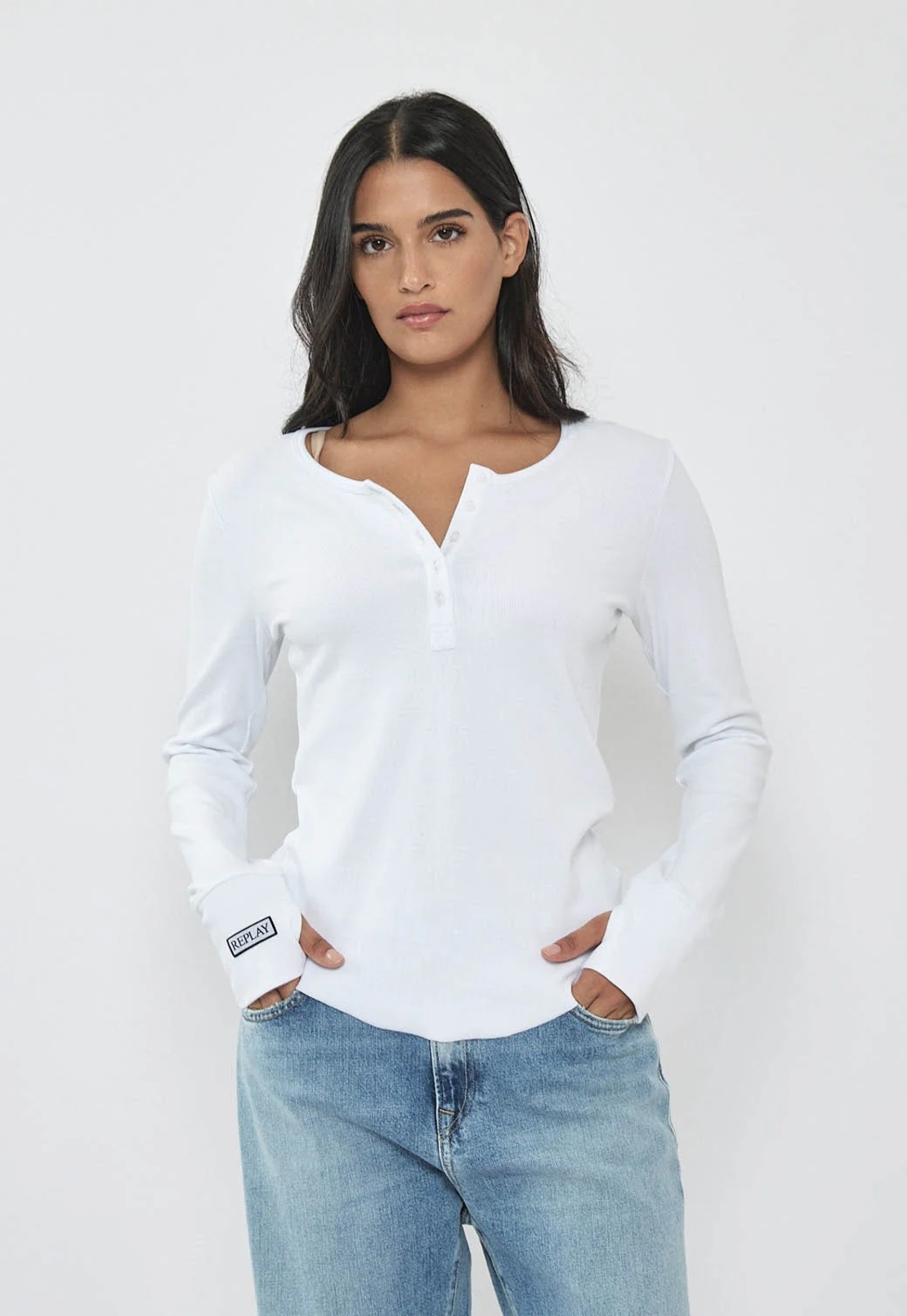 REPLAY - חולצת ריב ארוכה בצבע לבן