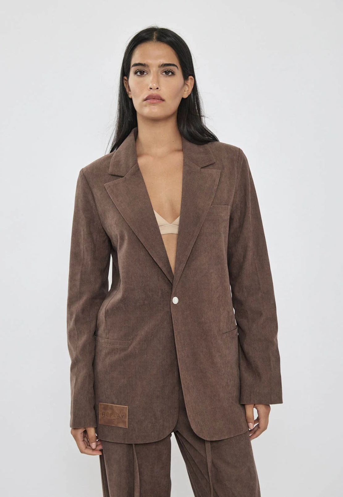 REPLAY - ז'קט בלייזר קורדרוי לנשים בצבע חום