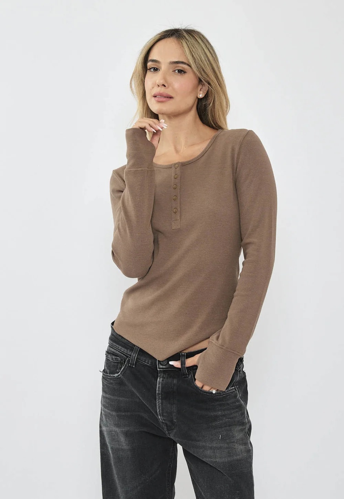 REPLAY - חולצת ריב ארוכה בצבע חום