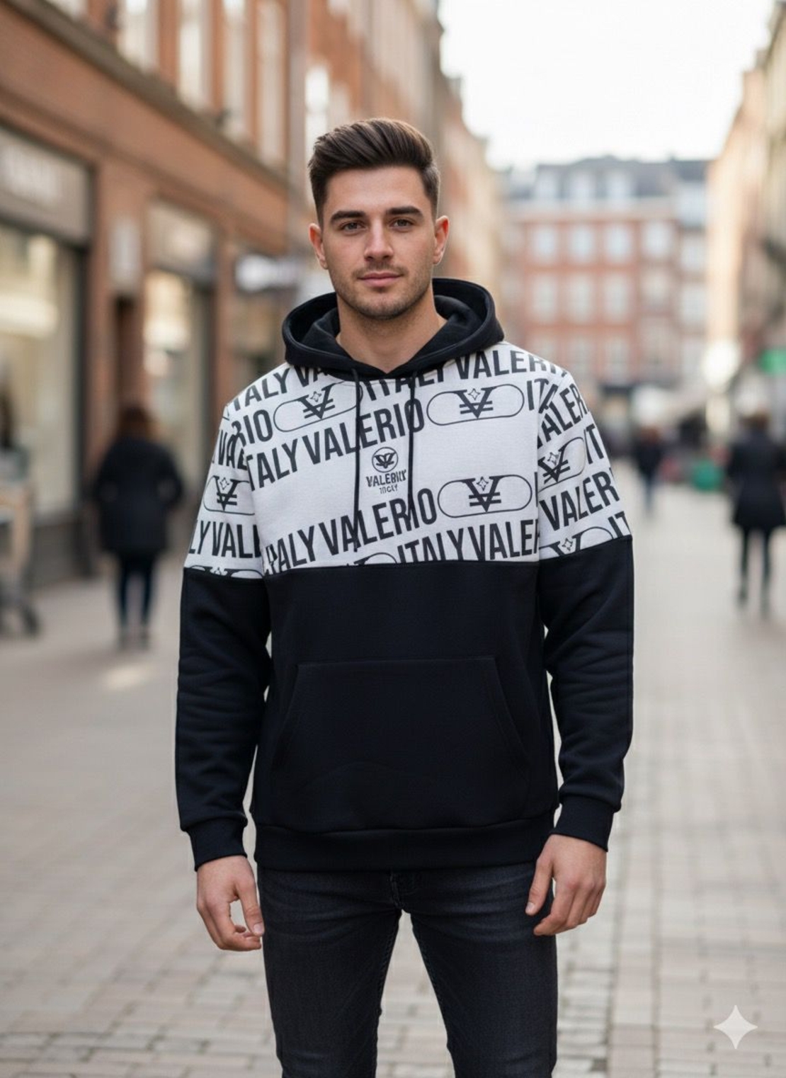 Valerio Italy - קפוצ'ון לגברים לבן שחור