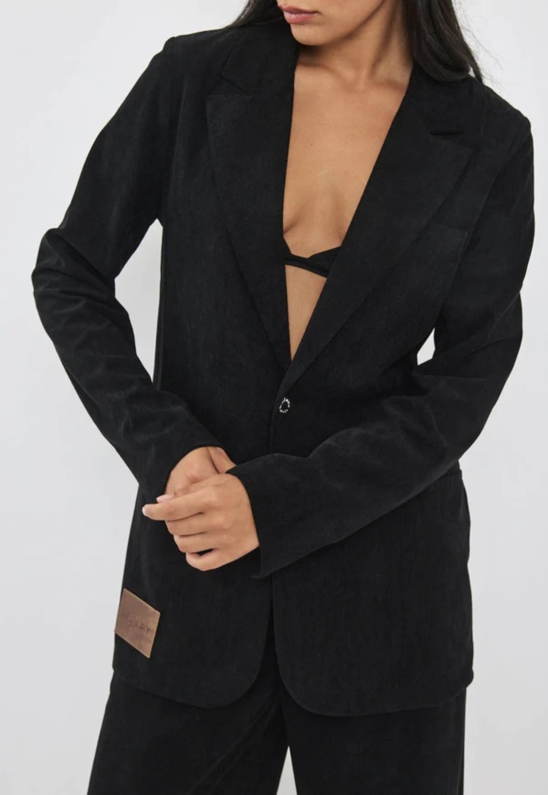 REPLAY - ז'קט בלייזר קורדרוי לנשים בצבע שחור