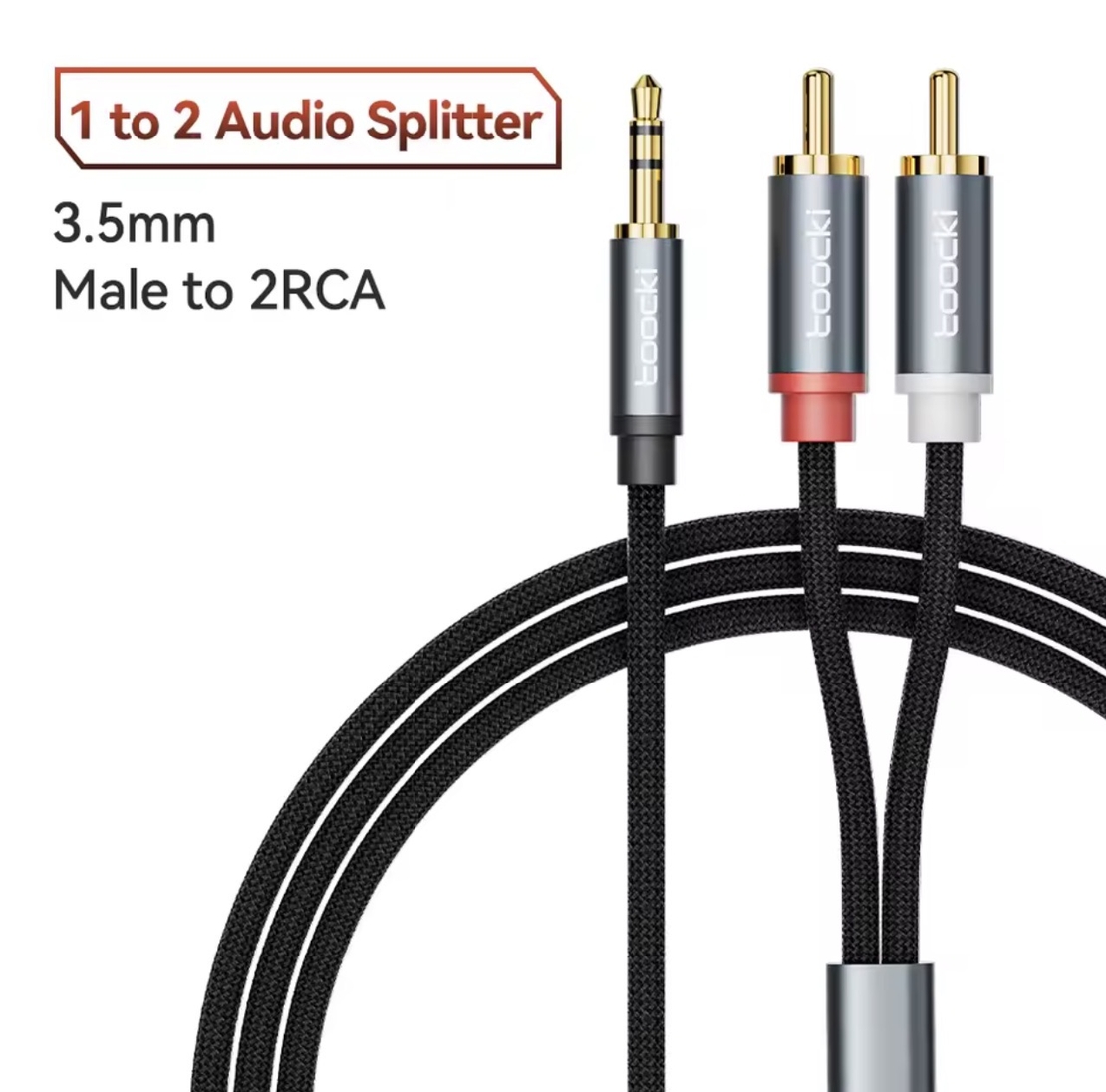כבל אודיו איכותי Toocki חיבור AUX 3.5mm ל-2RCA זכר (מפצל לרמקולים/מגבר)