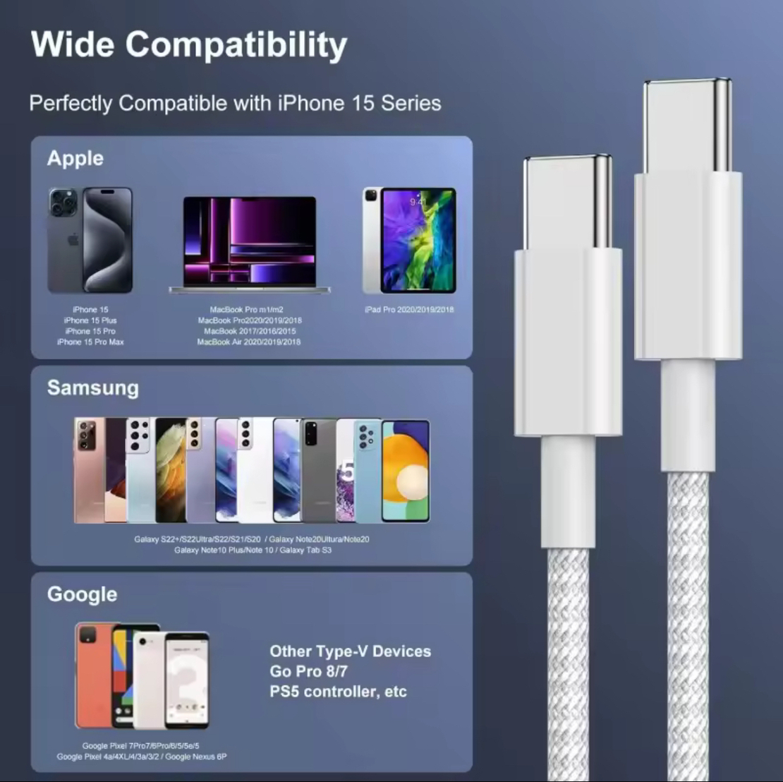 כבל USB-C ל-USB-C תואם מקורי לאייפון – לבן, אורך 1 מטר, טעינה מהירה 100W