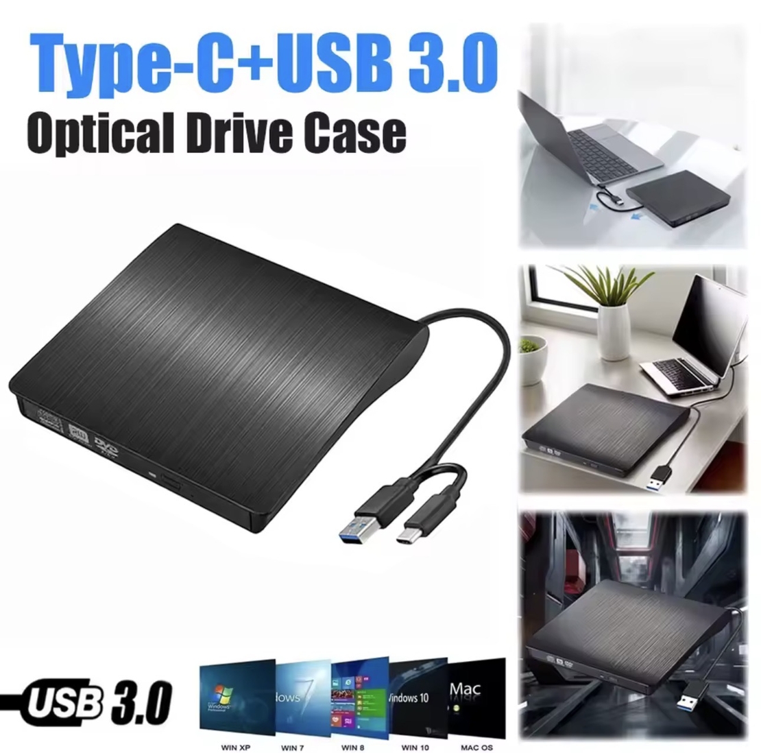 כונן  דיסקים חיצוני USB 3.0 Type-C – מתאים ל-DVD / CD למחשב נייד ונייח