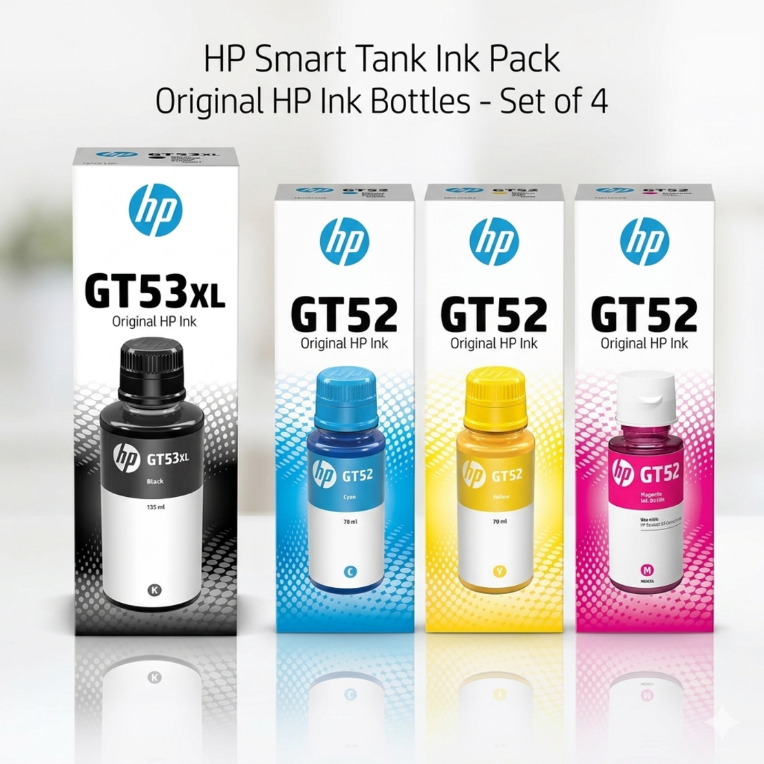 סט 4 בקבוקי דיו מקורי HP GT53XL / GT52 שחור וצבעוני למדפסות Smart Tank / Ink Tank
