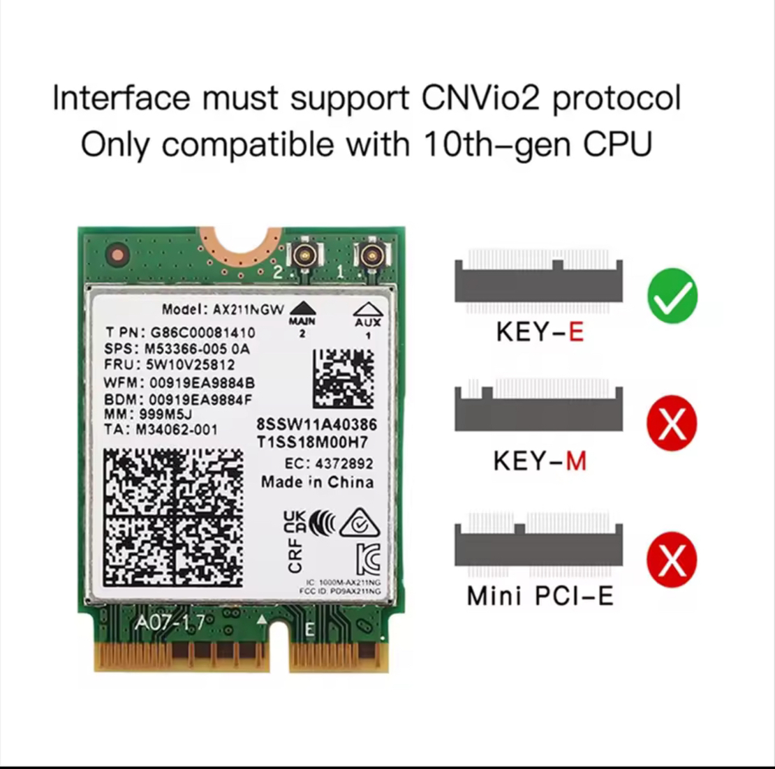 כרטיס רשת אלחוטי Intel AX211NGW – Wi-Fi 6E + Bluetooth 5.3 (ללא אנטנות, אחריות לשנה)