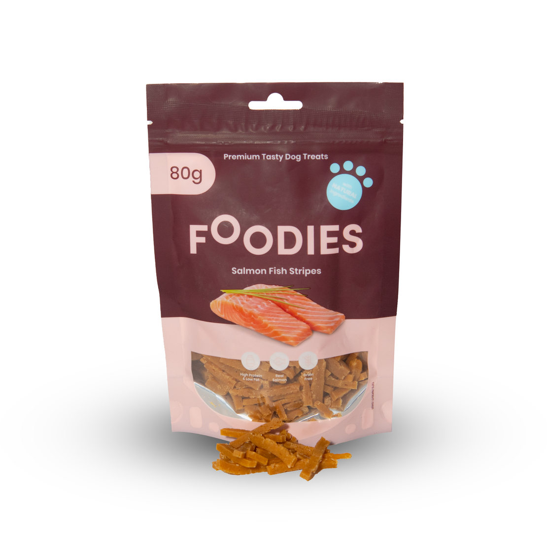 חטיף FOODIES רצועות סלמון, 80 גרם - פודיס