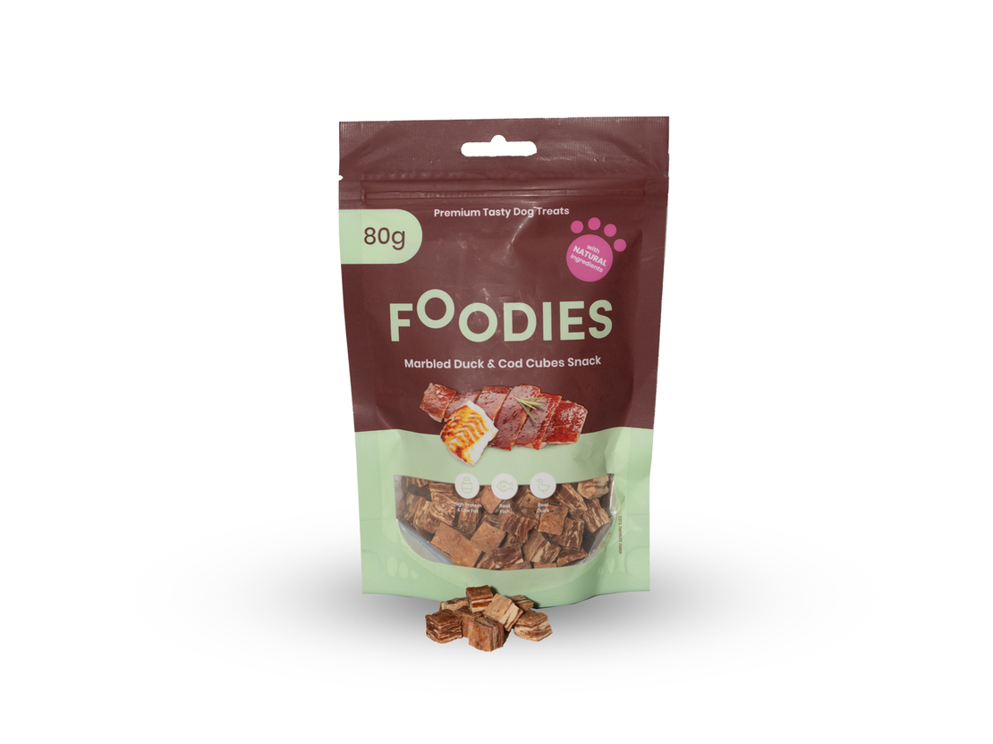 חטיף FOODIES קוביות ברווז ודג קוד 80 גרם - פודיס