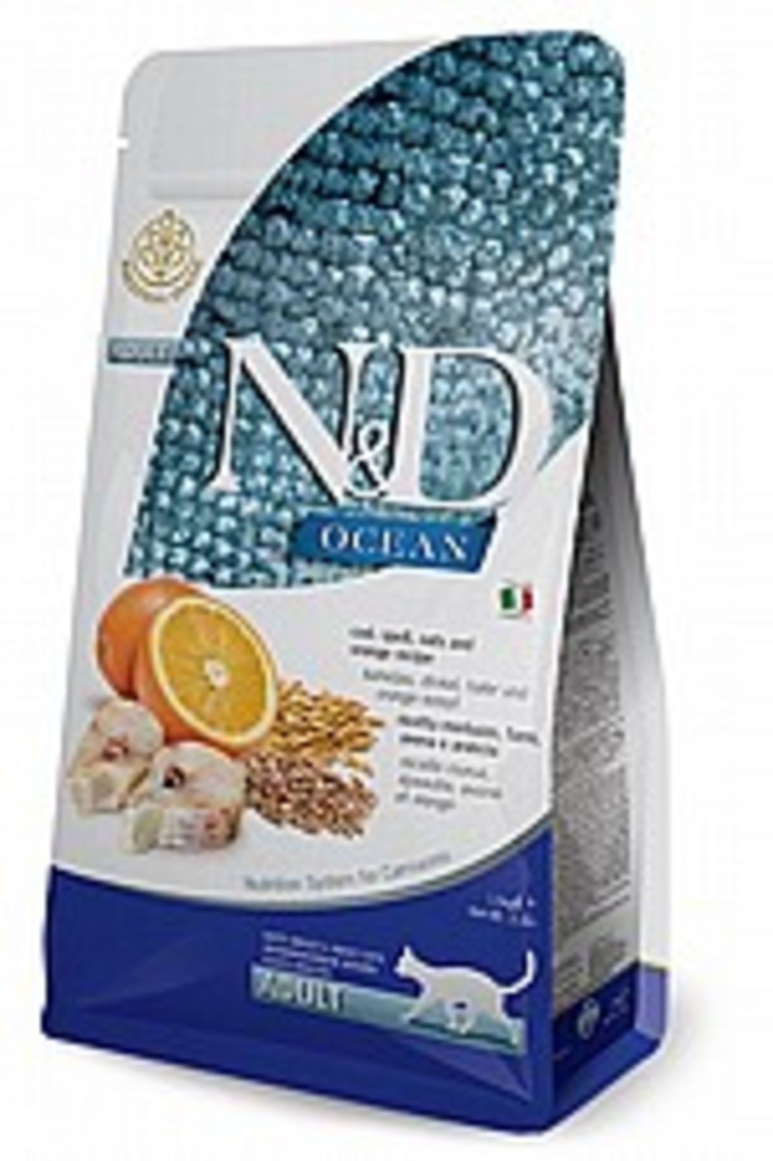 ND אושן קוד דגנים תפוז חתול 5 קג - מזון יבש מופחת דגנים לחתולים בוגרים בטעם דג קוד ותפוזים