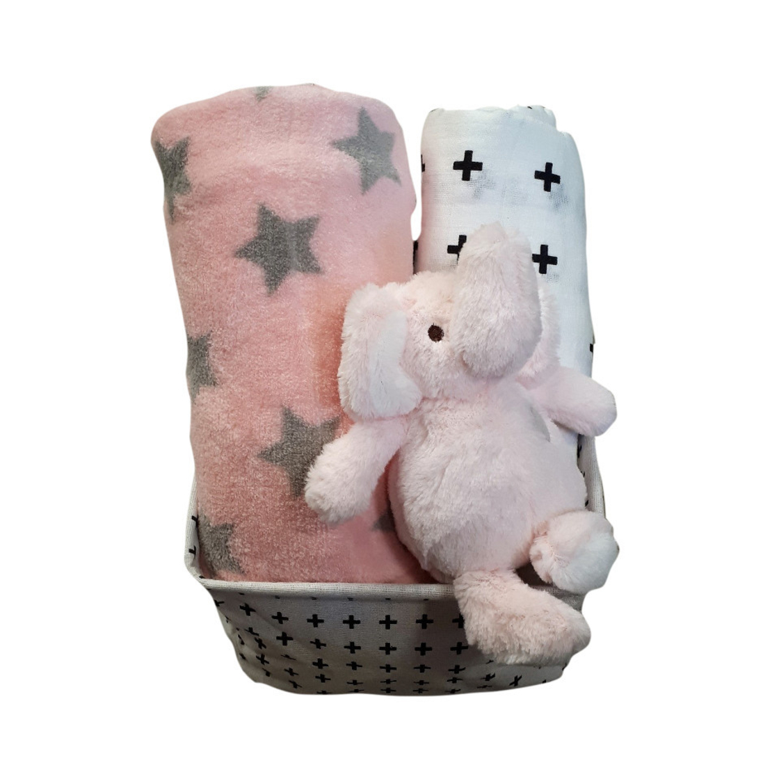 30# - חיבוקי פינוקי לבת : ערכה רכה בסל בד בשחור-לבן, בובה פרוותית רכה מנגנת ונתלית, כירבולית טטרה ושמיכת עגלה