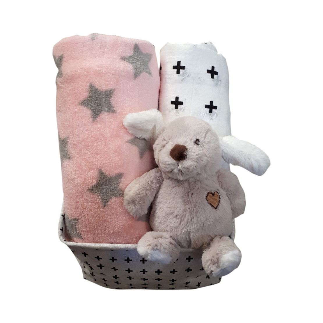 30# - חיבוקי פינוקי לבת : ערכה רכה בסל בד בשחור-לבן, בובה פרוותית רכה מנגנת ונתלית, כירבולית טטרה ושמיכת עגלה