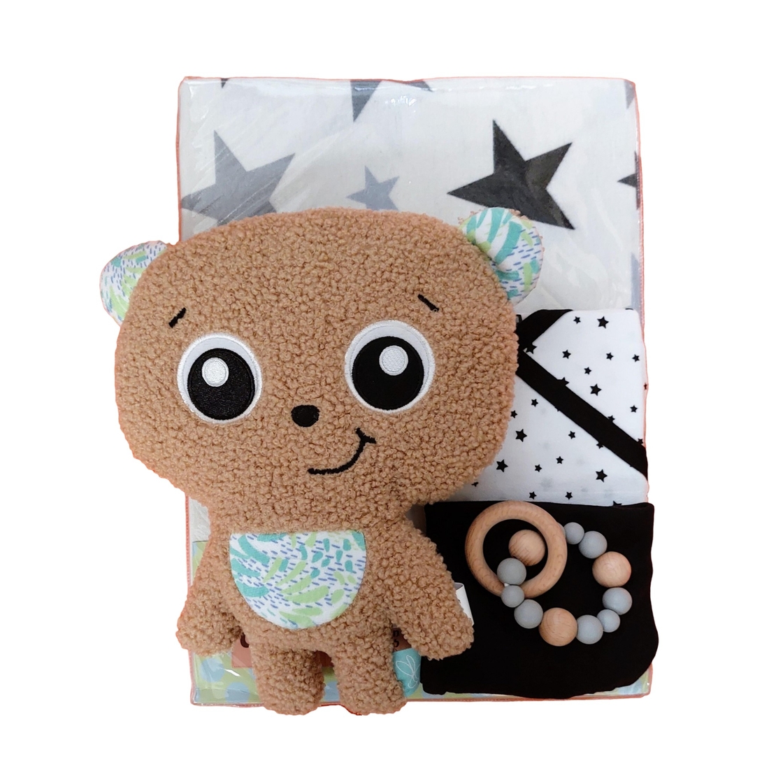 16# - שינה מתוקה לבת ולבן : סט מצעים מכותנת ג'רסי, בובת חיבוקי למיטה, בגד גוף ומכנסוני רגלית וטבעת עץ עם נשכני סיליקון