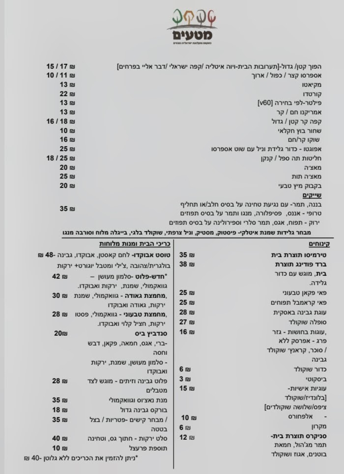 תפריט בית הקפה