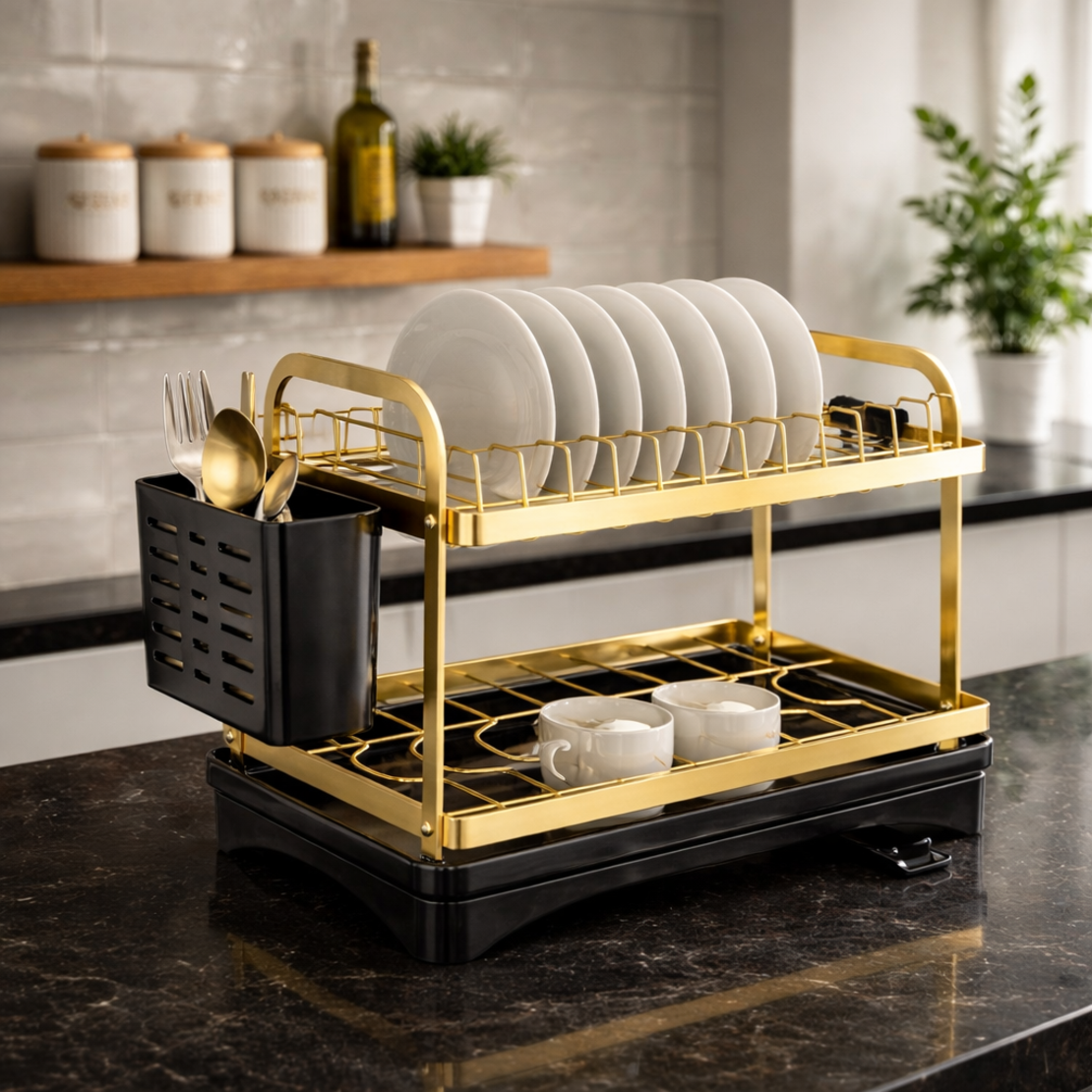 מייבש כלים קומפקטי + מתקן סכו״ם נירוסטה זהב