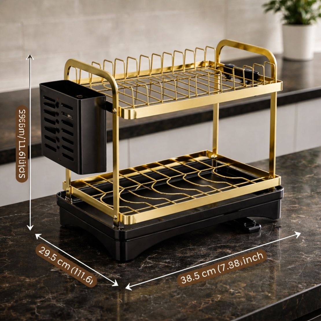 מייבש כלים קומפקטי + מתקן סכו״ם נירוסטה זהב