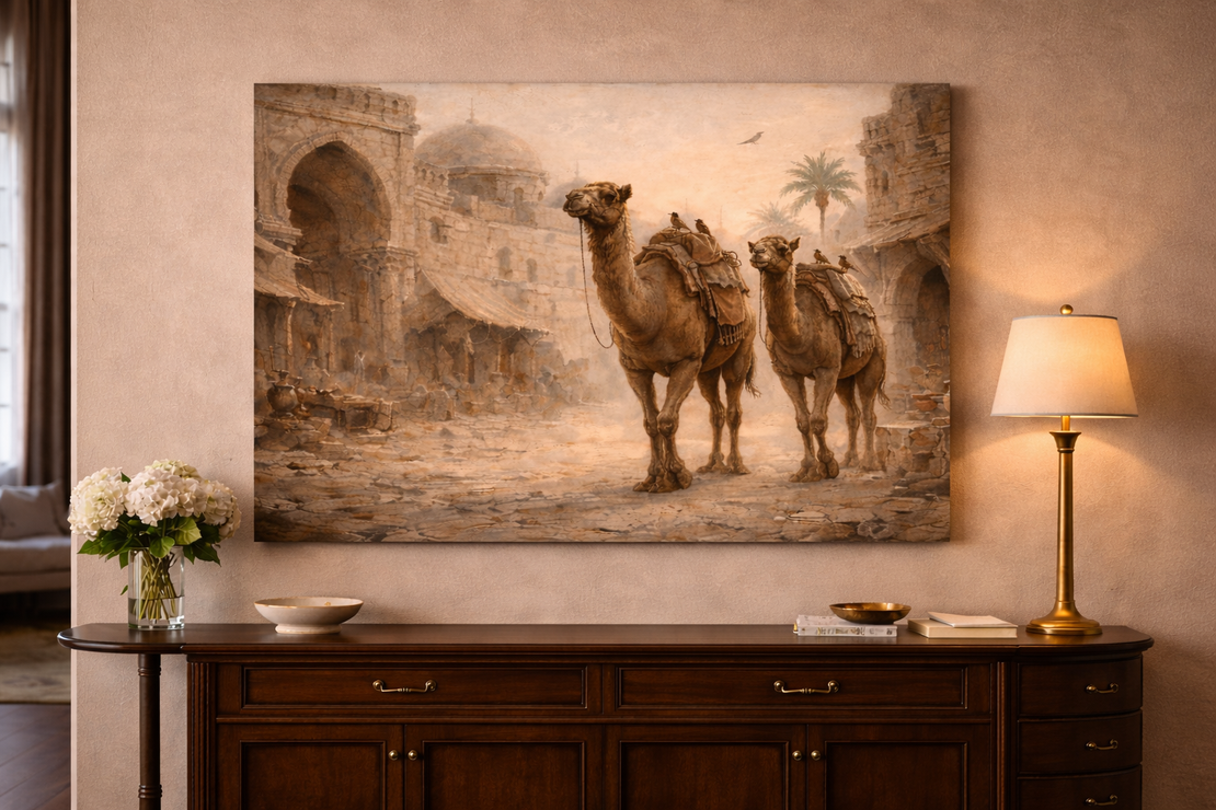 תמונת קנבס אומנותית גמלים בעיר עתיקה