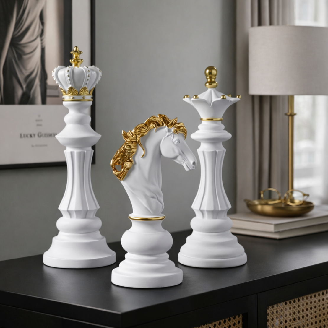 פסלי שחמט נוי יוקרתי – לבן וזהב
