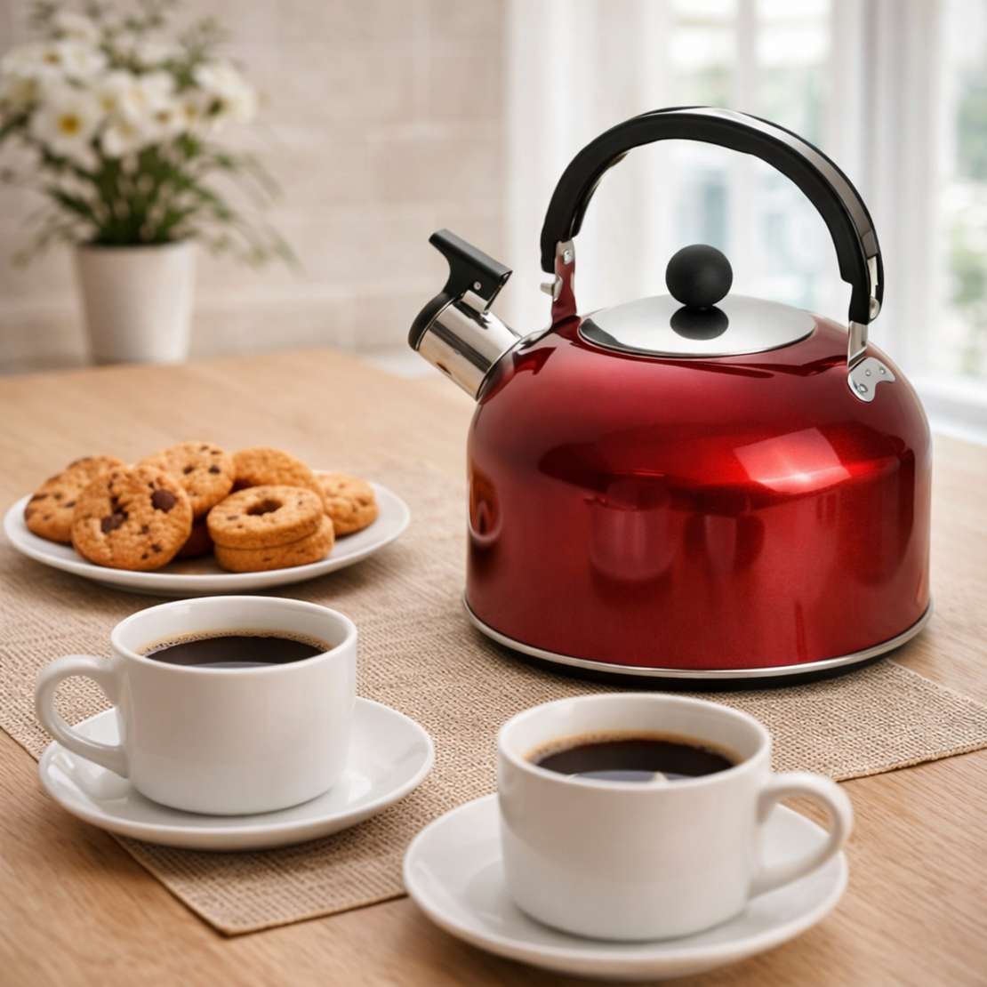 קומקום שורק קומפקטי מנירוסטה בצבע אדום