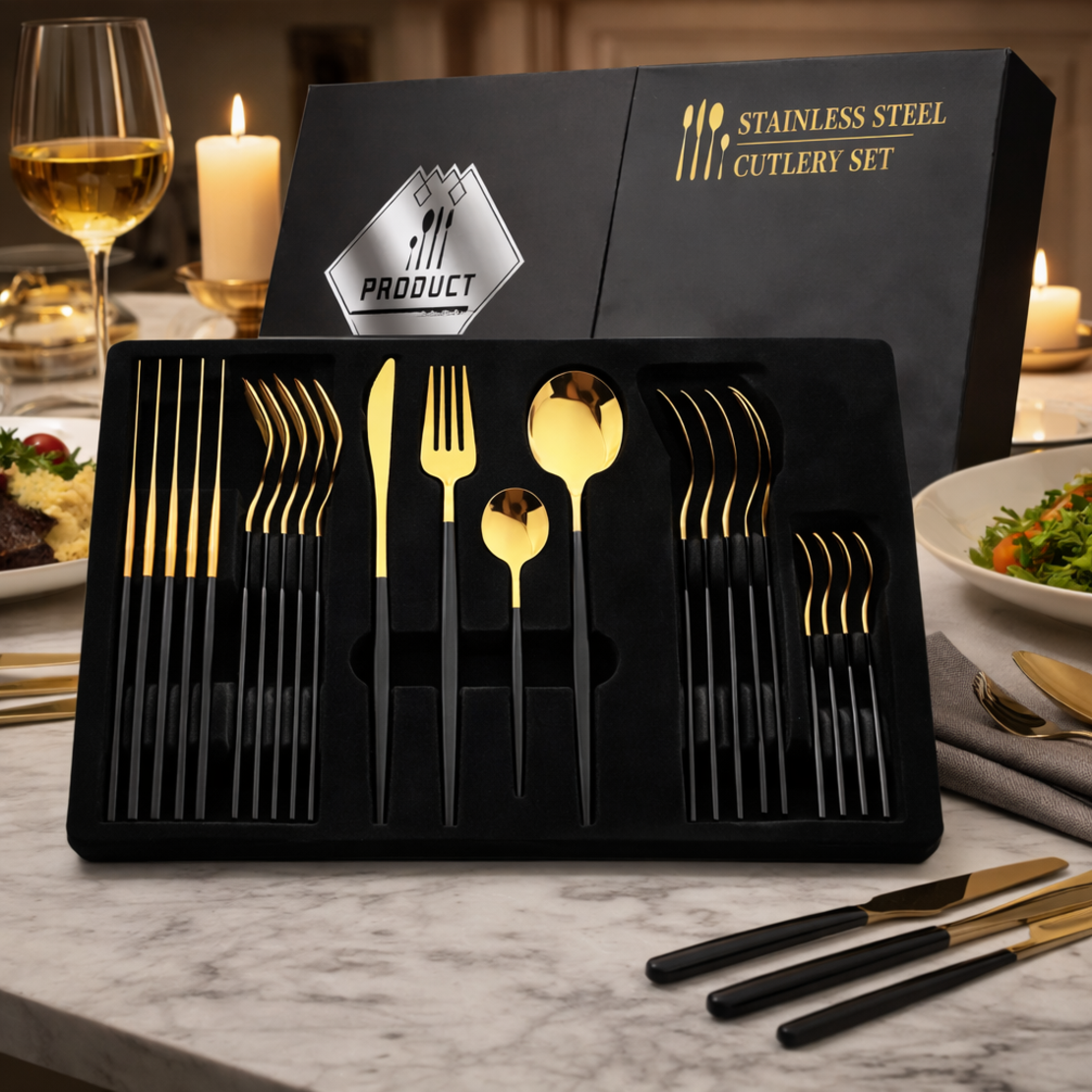 סט סכום יוקרתי נירוסטה שחור-זהב – 24 חלקים