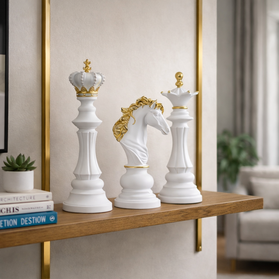 פסלי שחמט נוי יוקרתי – לבן וזהב