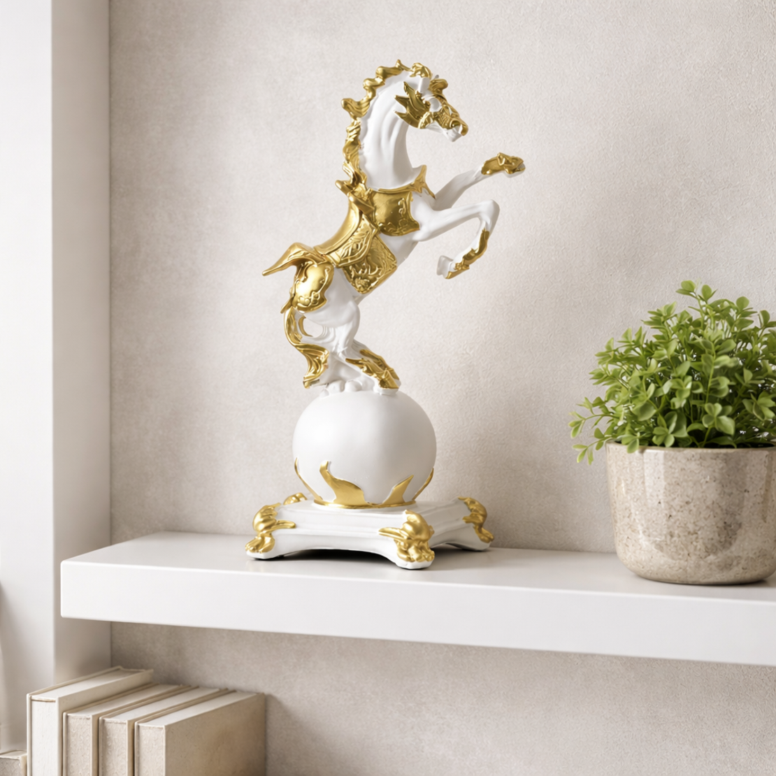 פסל סוס לבן וזהב לעיצוב הבית