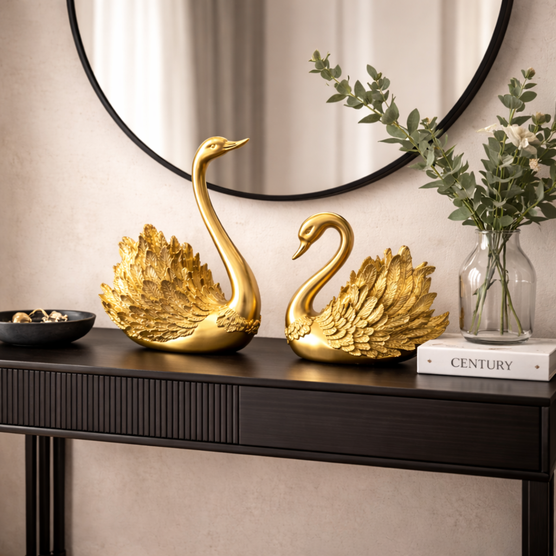 זוג פסלים ברבורים זהב דקורטיביים