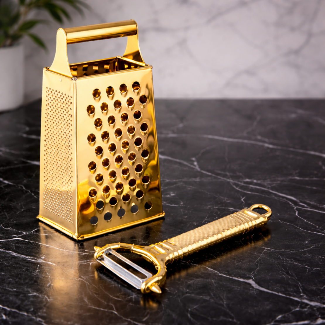 סט מגרדת וקולפן נירוסטה בגימור זהב