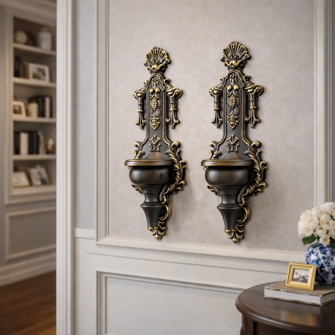 סט מחזיקי נרות – פמוטי קיר ממתכת לתלייה שחור זהב