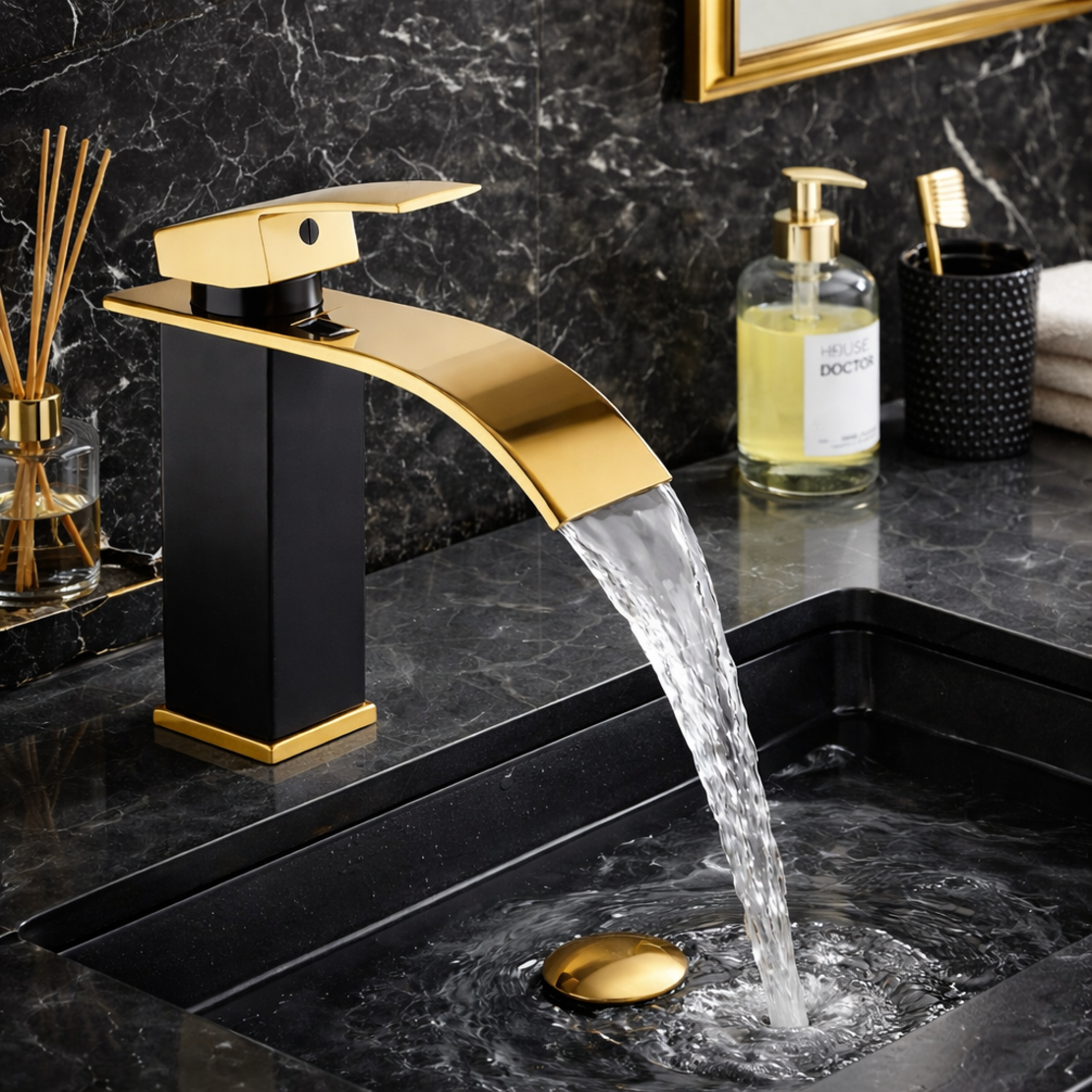 ברז לכיור אמבטיה יוקרתי בעיצוב שחור-זהב