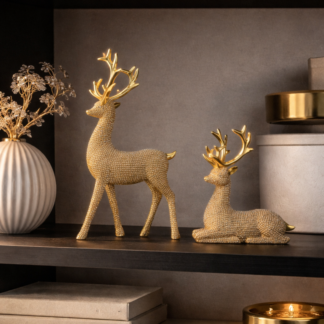 סט פסלי איילים זהב לבית משרד ולסלון