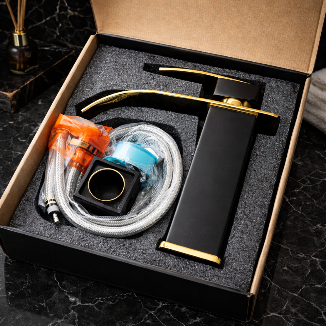 ברז לכיור אמבטיה יוקרתי בעיצוב שחור-זהב